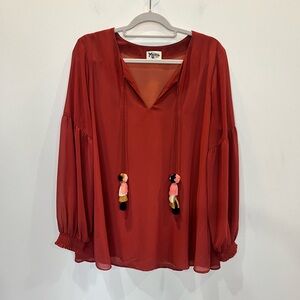 Show Me Your Mumu Long Sleeve V-Neck Blouse Top Size Large w/ Colorful Tassels